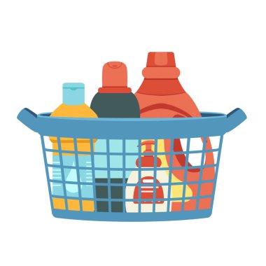 Deterjan ve dezenfektanla temizlik sepeti. Beyaz arkaplanda kolayca düzenlenebilir illüstrasyon.