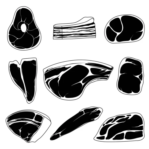 Cordero, carne de cerdo, y otras imágenes de carne en estilo blanco y negro, iconos. Carne de res, carne de cerdo cruda. — Vector de stock