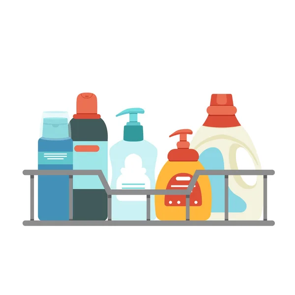 Cesta para limpeza com detergentes e desinfetantes. Ilustração vetorial facilmente editável sobre fundo branco. — Vetor de Stock