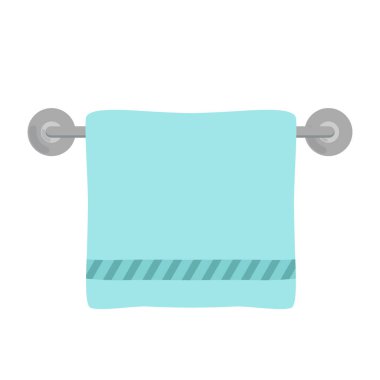 Isıtılmış havlu korkuluğuna asılı mavi yumuşak havlu. Vektör çizimi. Web pankartı