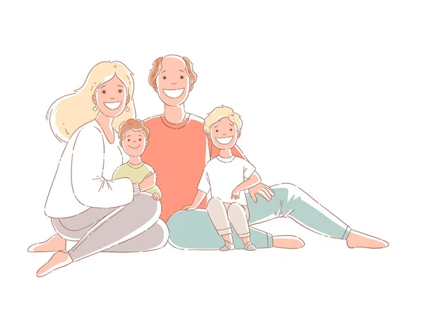 Genitori e figli sono seduti sul pavimento. Una famiglia felice. Illustrazioni di disegno vettoriale stile disegnato a mano. — Vettoriale Stock