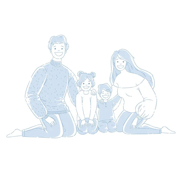 Gelukkige familie zit op de vloer. Ouders en kinderen knuffelen. Handgetekende stijl, monochrome vector illustraties. — Stockvector