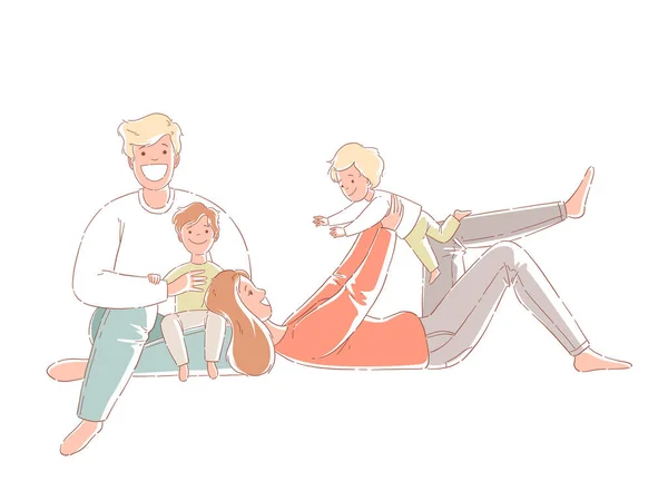 Rodiče a děti sedí na podlaze. Šťastnou rodinu. Ručně kreslený styl vektorové konstrukce ilustrace. — Stockový vektor