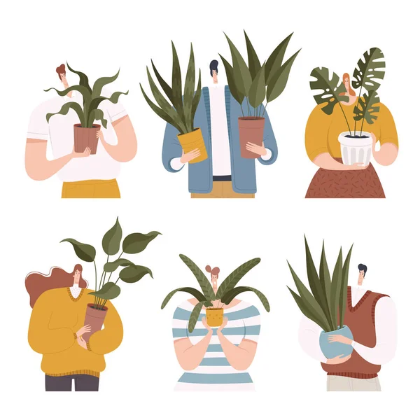 Szczęśliwi ludzie trzymają doniczki z roślinami. Ilustracja wektora. — Wektor stockowy