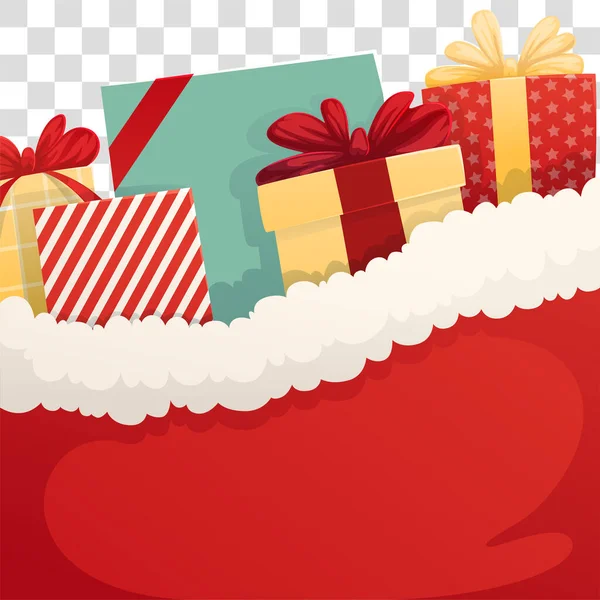 Fond santa sac avec cadeaux de Noël sur un fond transparent. Illustration vectorielle. Bannière Web — Image vectorielle