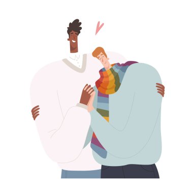 İki erkek birbirine sarılır. Romantik bir ilişki yaşayan eşcinsel bir çift. Gökkuşağıyla eşarplı neşeli.