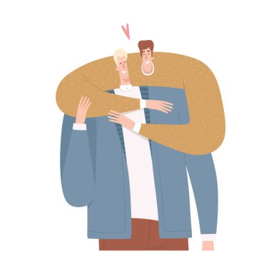 İki erkek birbirine sarılır. Romantik bir ilişki yaşayan eşcinsel bir çift. Beyaz arkaplanda izole.