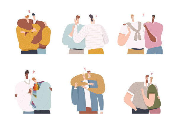 Набор геев в романтических отношениях парами. Сексуальные меньшинства и мужчины любят