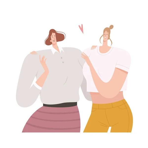 Två kvinnor pratar glatt. Lesbiskt par i ett romantiskt förhållande. Isolerad på vit bakgrund. — Stock vektor
