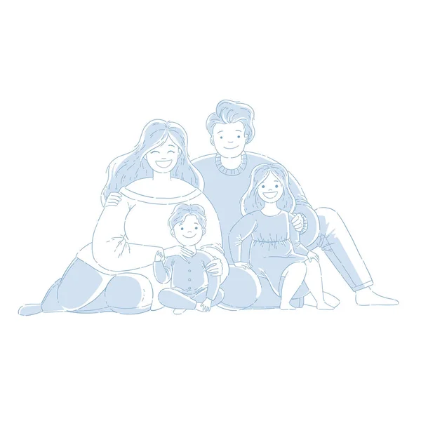 Genitori e figli sono seduti sul pavimento. Una famiglia felice. Stile disegnato a mano, illustrazioni vettoriali monocromatiche. — Vettoriale Stock