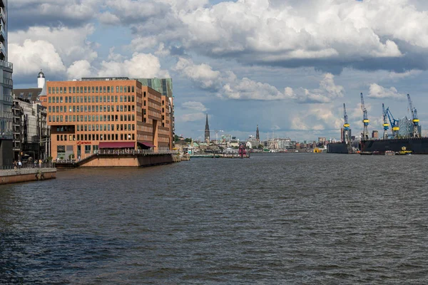 Stunning Panoramic View Harbor Hamburg Fantastic Sky Beautiful Clouds — Stock Photo, Image