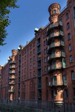 Hamburg Speicherstadt 'taki tarihi eski tuğla evler (Depo Bölgesi), Almanya, Dünya Mirası
