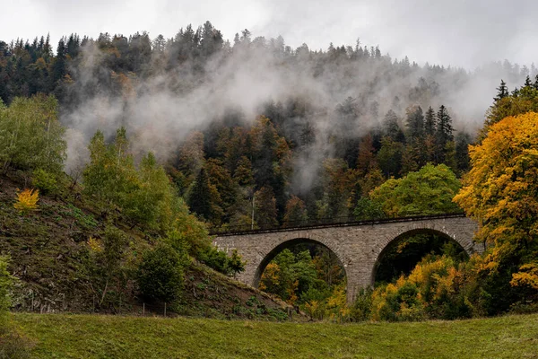 Nádherný Výhled Starý Železniční Most Viaduktu Ravenny Breitnau Mlhou Pozadí — Stock fotografie