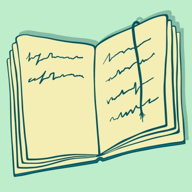 Sayfalı defter ve içinde notlar olan yer imi. Yeşil arka planda sarı kitap sayfaları. Defterin vektör illüstrasyonu, okul günlüğü, soyut. El yazısıyla yazılmış metni olan bir iş planlayıcısı. Kitabı aç