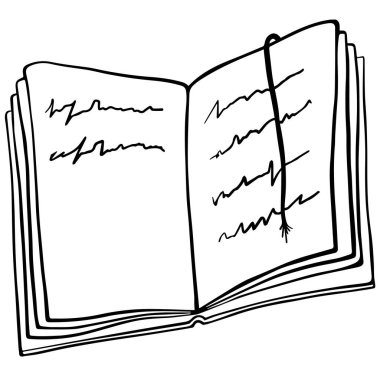 Sayfalı defter ve içinde notlar olan yer imi. Planlayıcı etiketi, logo beyaza izole edilmiş. Defterin vektör illüstrasyonu, okul günlüğü, soyut. El yazısıyla yazılmış metni olan bir iş planlayıcısı. Kitabı aç