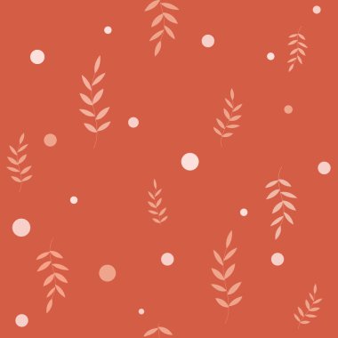 Şeftali arka planına çizilmiş tropikal yapraklar. Portakal yapraklı, dallı botanik seti. Vektör tipografisi, tekstil, ambalaj, hediye kağıdı, ev dekorasyonu için kumaş, yastık, bardak, poster