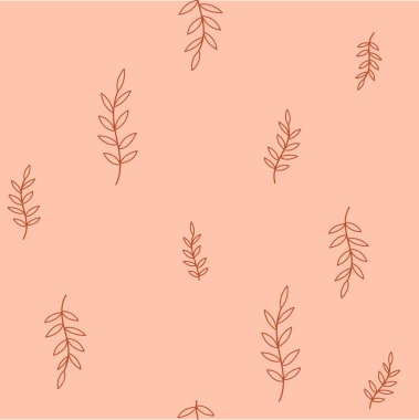 Şeftali arka planına çizilmiş tropikal yapraklar. Portakal yapraklı, dallı botanik seti. Vektör tipografisi, tekstil, ambalaj, hediye kağıdı, ev dekorasyonu için kumaş, yastık, bardak, poster