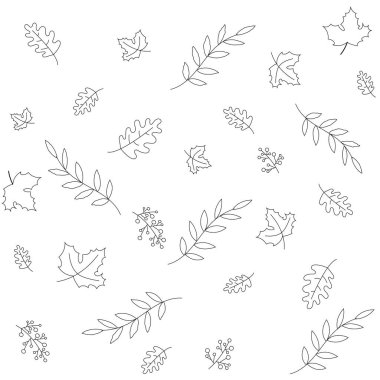 Sonbahar pürüzsüz bir desen bırakır. Akçaağaç yapraklı çiçek deseni, meşe ağacı, böğürtlen, tropikal liste. Siyah ve beyaz vektör çizimi. Paket kağıdı, kumaş, baskı, tekstil için satır çizgisi deseni