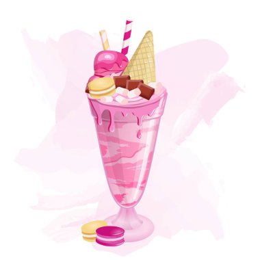 Marşmelovlu dev milkshake, pipet, çilek, waffle, çikolata, badem kurabiyesi. Bardakta böğürtlen tozu. Bardağın üzerine çilek damlası ve tatlı. Kremalı vişneli dondurma..