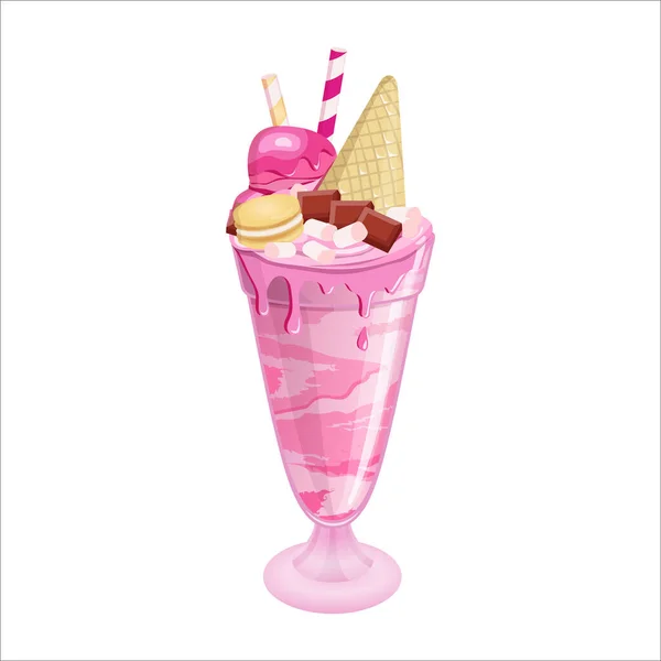 Reuzenmilkshake Met Marshmallow Drinkstro Aardbei Wafel Chocolade Makaken Berry Freakshake — Stockvector