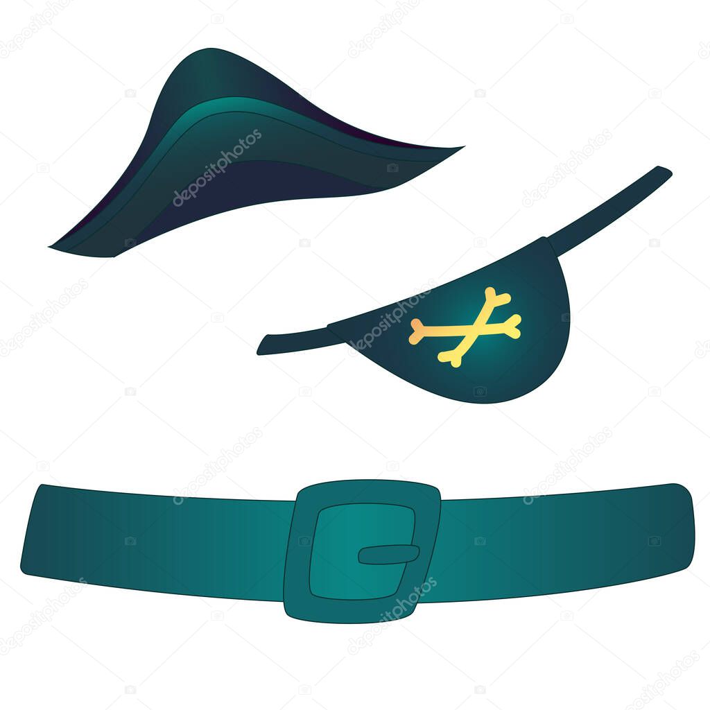 Set of pirate accessories with belt, hat, frontlet or eyepatch. Green armlet and leather belt. Fashionable elements of clothes for app interface, game design, web. Vector illustration isolated white