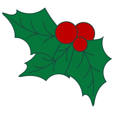 Yılbaşı kırmızı çoban üzümü çizimi. Klasik kış tatili dekorasyon elementi beyaza izole edilmiş. Duvar kağıdı şablonu için düz vektör çizimi. Çilekli Holly bitkisi