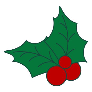 Yılbaşı kırmızı çoban üzümü çizimi. Klasik kış tatili dekorasyon elementi beyaza izole edilmiş. Duvar kağıdı şablonu için düz vektör çizimi. Çilekli Holly bitkisi