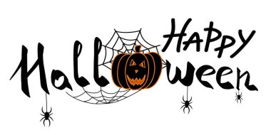 Beyaz arka planda izole edilmiş mutlu Cadılar Bayramı Partisi afişleri. Cadılar Bayramı balkabağı, örümcek ağında örümcekler. Reklam için korkutucu vektör illüstrasyonu, sosyal ağ, web sitesi