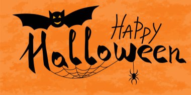 Turuncu arka planda Cadılar Bayramı afişiniz kutlu olsun. Ürkütücü parti davetiyesi, selamlama, el ilanı, afiş için harfleri olan siyah yarasa. Reklam için vektör illüstrasyonu, sosyal ağ, web sitesi