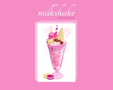 Marşmelovlu dev milkshake, pipet, çilek, waffle, çikolata, badem kurabiyesi. Bardakta böğürtlen tozu. Bardağın üzerine çilek damlası ve tatlı. Kremalı vişneli dondurma.