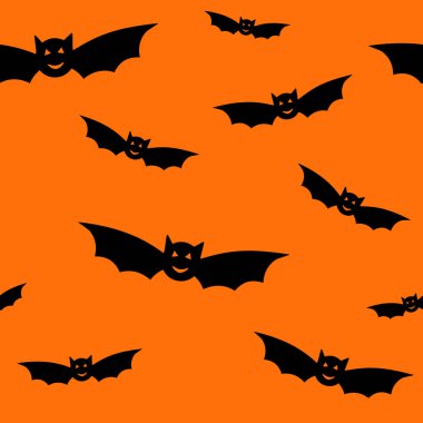 Siyah uçan yarasalarla kusursuz bir Cadılar Bayramı deseni. Kağıt, kartpostal, tekstil ve kostümler için turuncu arka planda yarasa siluetleri. Vektör illüstrasyonu izole edildi. Cadılar Bayramı süslemeleri