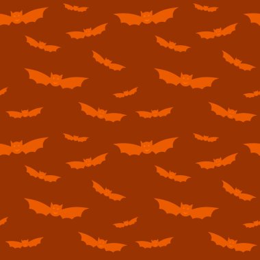 Turuncu uçan yarasalarla kusursuz bir Cadılar Bayramı deseni. Kağıt, kartpostal, tekstil ve kostümler için turuncu arka planda yarasa silueti simgeleri. Vektör illüstrasyonu izole edildi. Cadılar Bayramı süslemeleri
