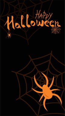 Sosyal ağlar için mutlu Cadılar Bayramı şablonu. Reklamlar için dikey cadılar bayramı pankartı. Cadılar Bayramı partisi tebriği, davetiye kartı. Örümcekli ürkütücü kartpostal, balkabağım. Vektör illüstrasyonu