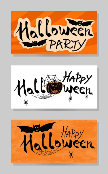 Turuncu ve beyaz arka planda Cadılar Bayramı parti afişleri. Harfli siyah yarasa, balkabağı, web sitesi afişlerinde örümcekli ağ. Reklam için vektör illüstrasyonu, sosyal ağ
