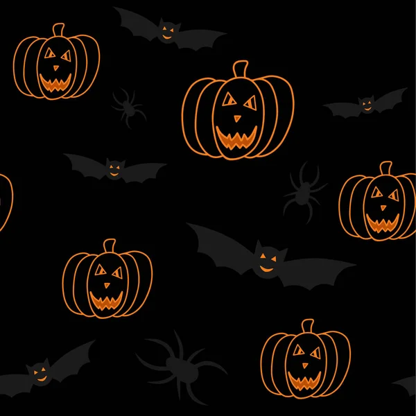 Halloween Nahtlose Muster Mit Fledermäusen Spinnen Kürbis Auf Schwarzem Hintergrund — Stockvektor