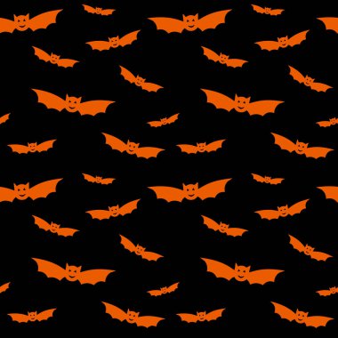 Siyah uçan yarasalarla kusursuz bir Cadılar Bayramı deseni. Kağıt, kartpostal, tekstil ve kostümler için turuncu arka planda yarasa siluetleri. Vektör illüstrasyonu izole edildi. Cadılar Bayramı süslemeleri
