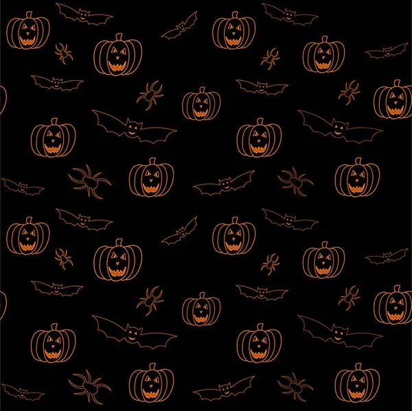 Halloween Naadloos Patroon Met Vleermuizen Spinnen Pompoen Zwarte Achtergrond Pompoen — Stockvector