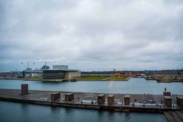 aerial view of harbor in european town 