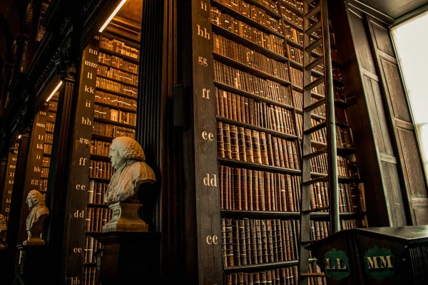 DUBLIN, IRELAND - 15 Şubat 2014 Dublin, İrlanda 'da Trinity Kolej Kütüphanesindeki Uzun Oda. Trinity College Kütüphanesi İrlanda 'nın en büyük kütüphanesidir ve Kells' in Kitabı 'na ev sahipliği yapar..