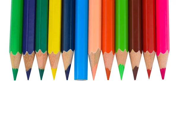 Many Different Colored Wood Pencil Crayons Placed Line Paper Background — Stock Photo, Image