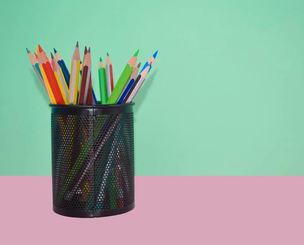 Some Different Colored Wood Pencil Crayon Arranged Black Jar Paper — Stock Photo, Image