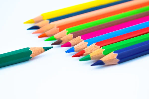 Line Different Colored Wood Pencil Crayons Pointing Blue Color Wood Stock Image