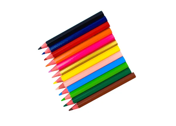 Una Línea Lápiz Madera Diferentes Colores Colocada Sobre Fondo Papel —  Fotos de Stock