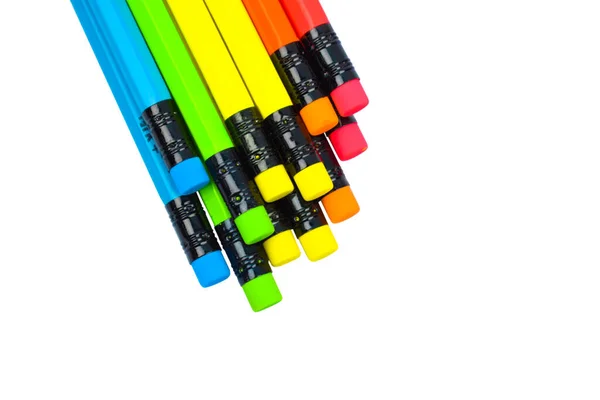 Bando Lápis Madeira Coloridos Diferentes Lápis Com Borracha Colorida Anexado — Fotografia de Stock
