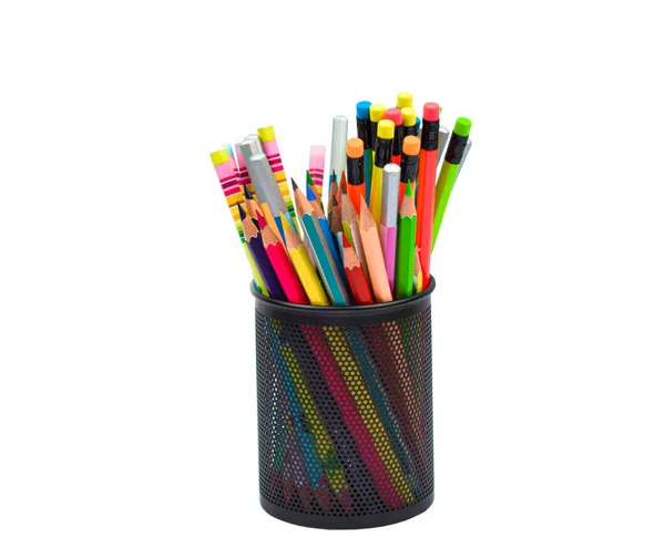 Black Colored Plastic Pencil Holder Containing Many Different Colored Wood — Stock Photo, Image