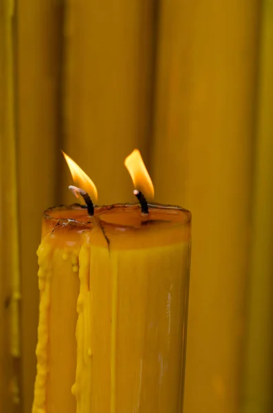 Many Yellow Candles Burning Flame — Stock Photo, Image