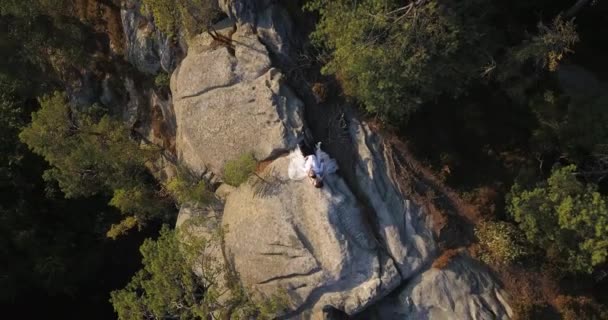 一对相爱的夫妇躺在山上的一块巨石上 长着秋天的松树 望着天空 四分体从上面升起 在上面打圈 — 图库视频影像