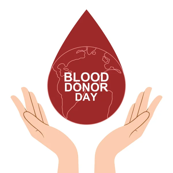 Dünya gezegeniyle birlikte kırmızı kan damlasını tutan eller. Dünya Kan Bağışı Günü için Kan Konsepti düz illüstrasyon vektör posteri. 14 Haziran. Beyaz arka planda izole edilmiş. EPS 10 biçimi