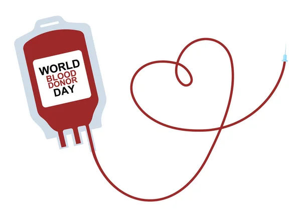 Dünya kan bağışı pankartı, kırmızı kanlı plastik bir kap ve işaret. Beyaz arka planda kalp şeklinde bir tüp bulunan kan bağış torbası. EPS10 vektör çizim biçimi