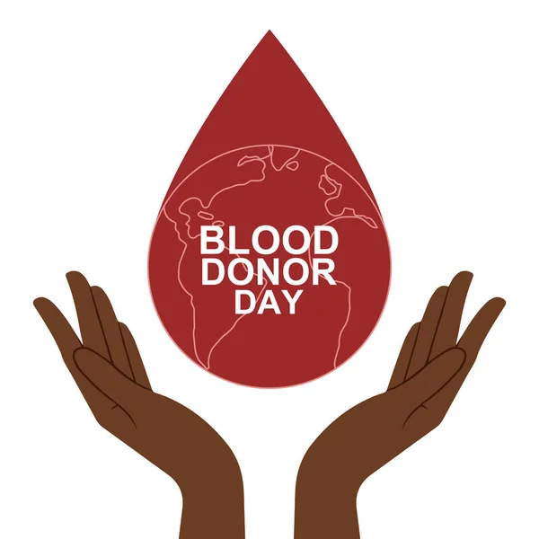 Koyu tenli eller, Dünya gezegeniyle kırmızı kan damlasını tutuyor. Dünya Kan Bağışı Günü için Kanlı Kavram düz vektör ilüstrasyon posteri bağışlayın. 14 Haziran. Beyaz arka planda izole edilmiş. EPS 10 biçimi